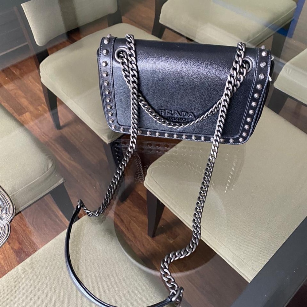 Authentic Prada Chain Flap Bag Studded Glace Calf Small Black - Picture 3 of 15